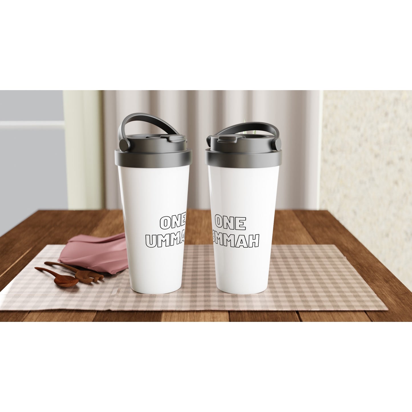 White Stainless Steel Travel Mug (One Ummah) - الأعمال الحلال