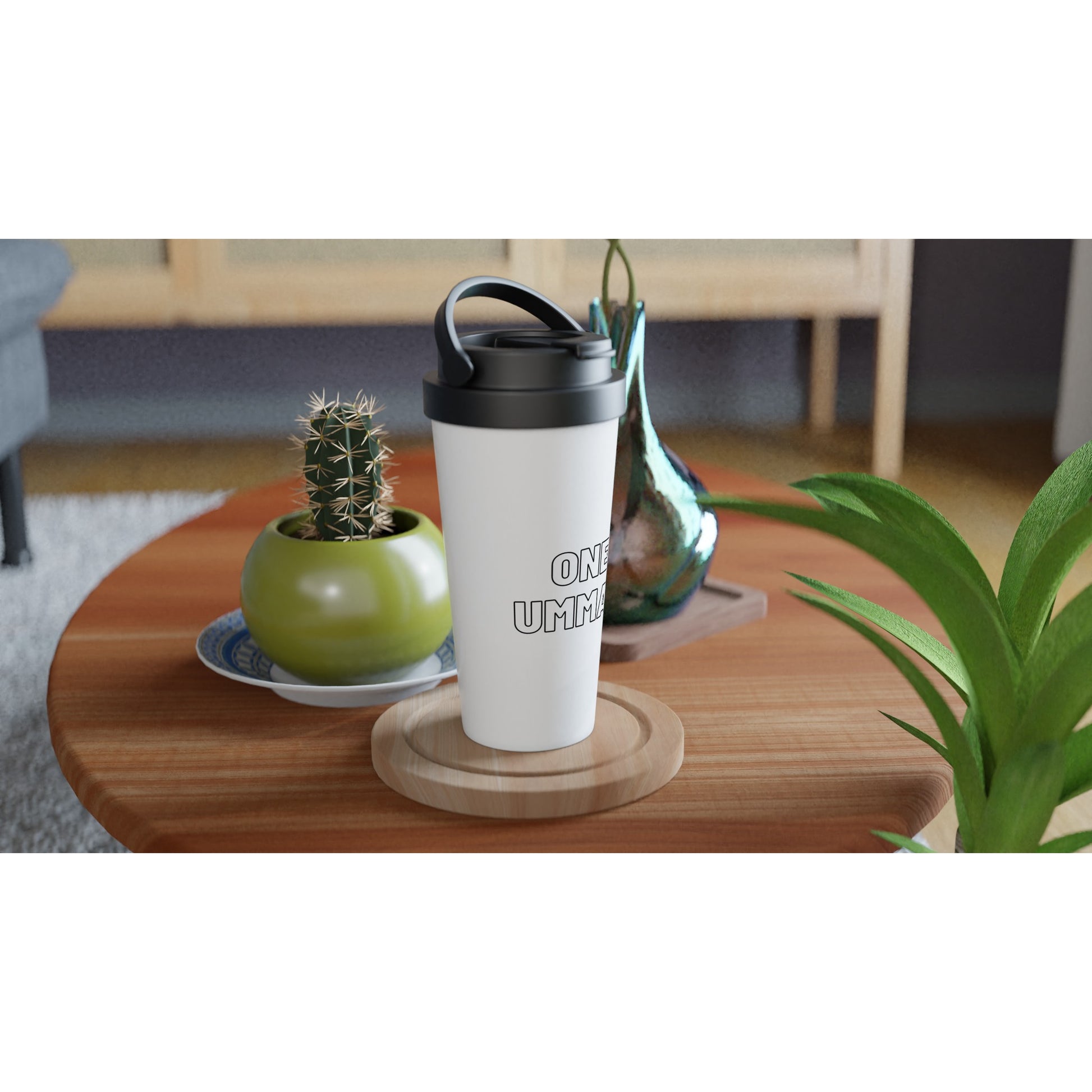 White Stainless Steel Travel Mug (One Ummah) - الأعمال الحلال